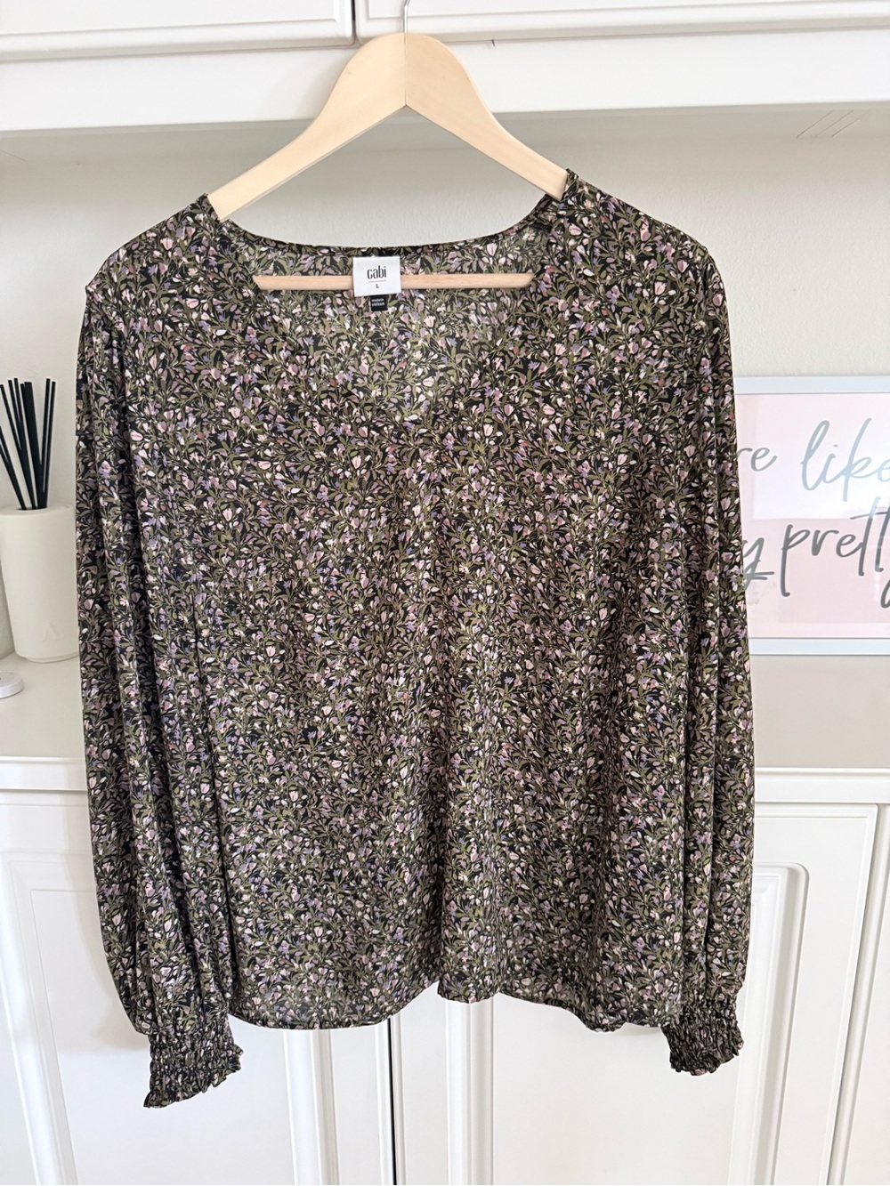 CAbi Olive Green Floral Long-Sleeve V-Neck Top